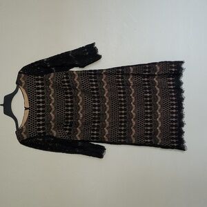 JESSICA HOWARD Black Eyelash Trim Lace OVER Nude Tan Tone Dress sz 8 Nordic Fray